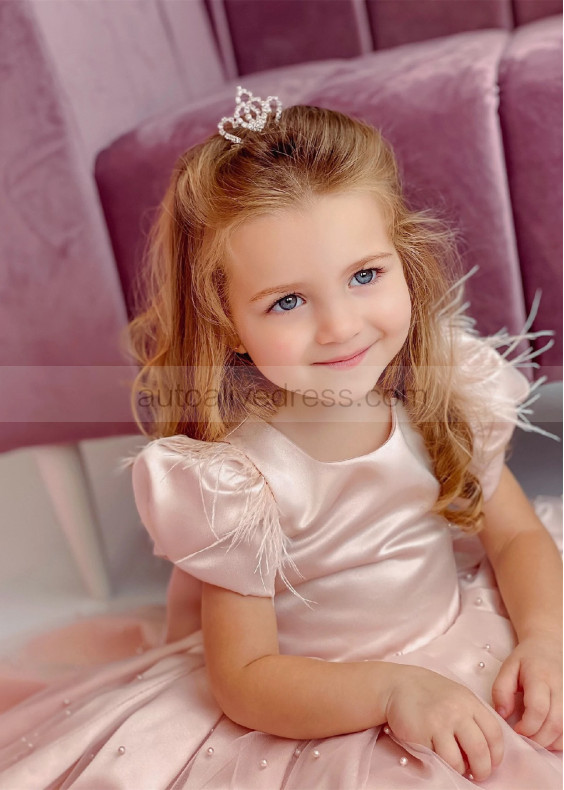 Blush Satin Feather Pearl Beaded Flower Girl Dress Blush Satin Feather Pearl Beaded Flower Girl Dress